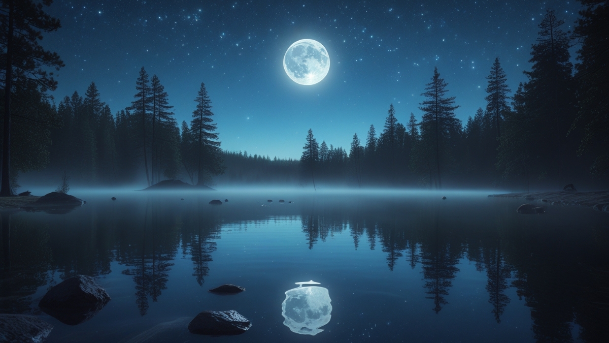 A serene lake reflecting the full moon, surrounded by misty forests under a starry night sky.