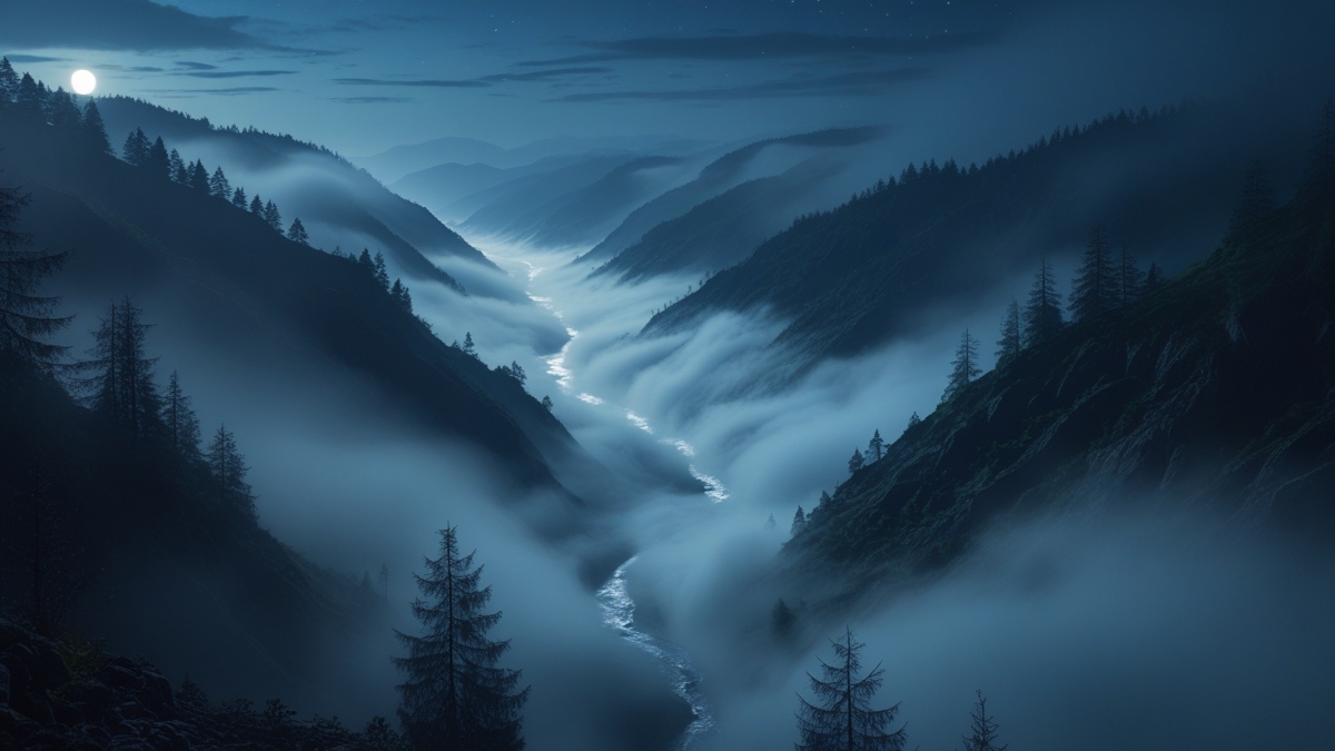 A breathtaking view of a misty river valley at night, illuminated by the full moon and surrounded by rolling fog.