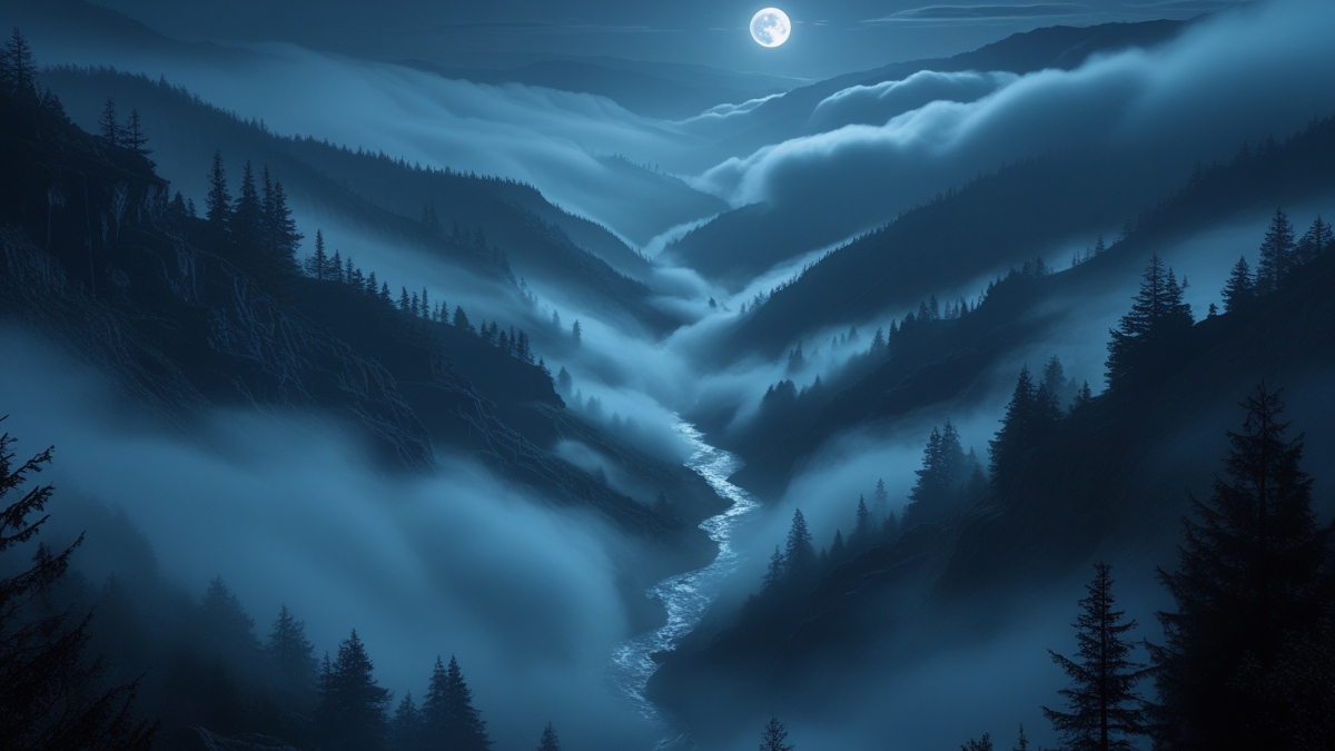 A glowing full moon over a misty mountain valley with a winding river flowing through the fog-covered landscape.