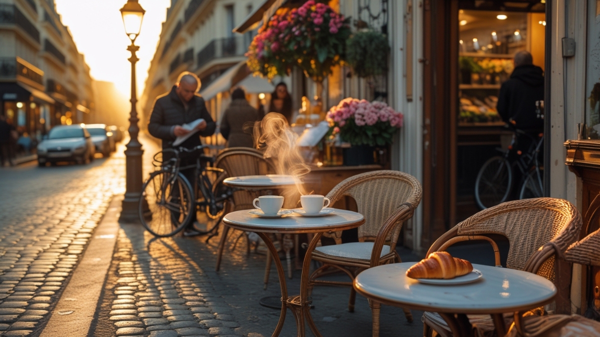 Outdoor Paris café with steaming coffee cups and a croissant at sunrise