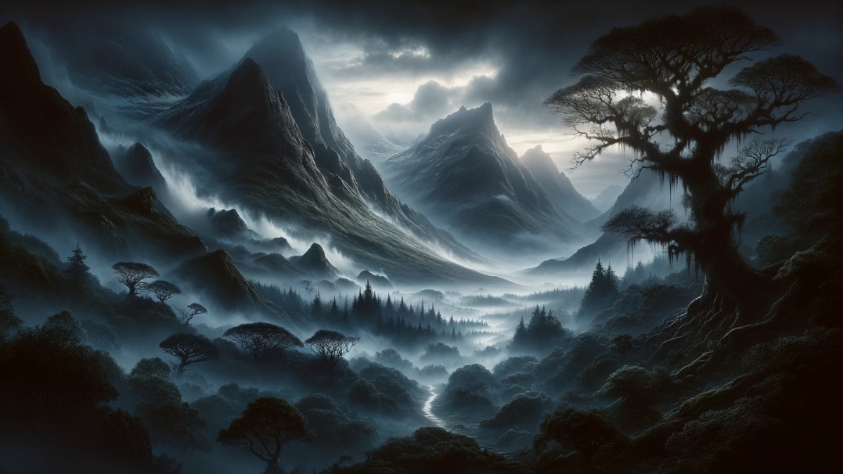 A mystical landscape with towering fog-covered mountains, a dense forest, and an ancient twisted tree in a dark atmospheric setting.