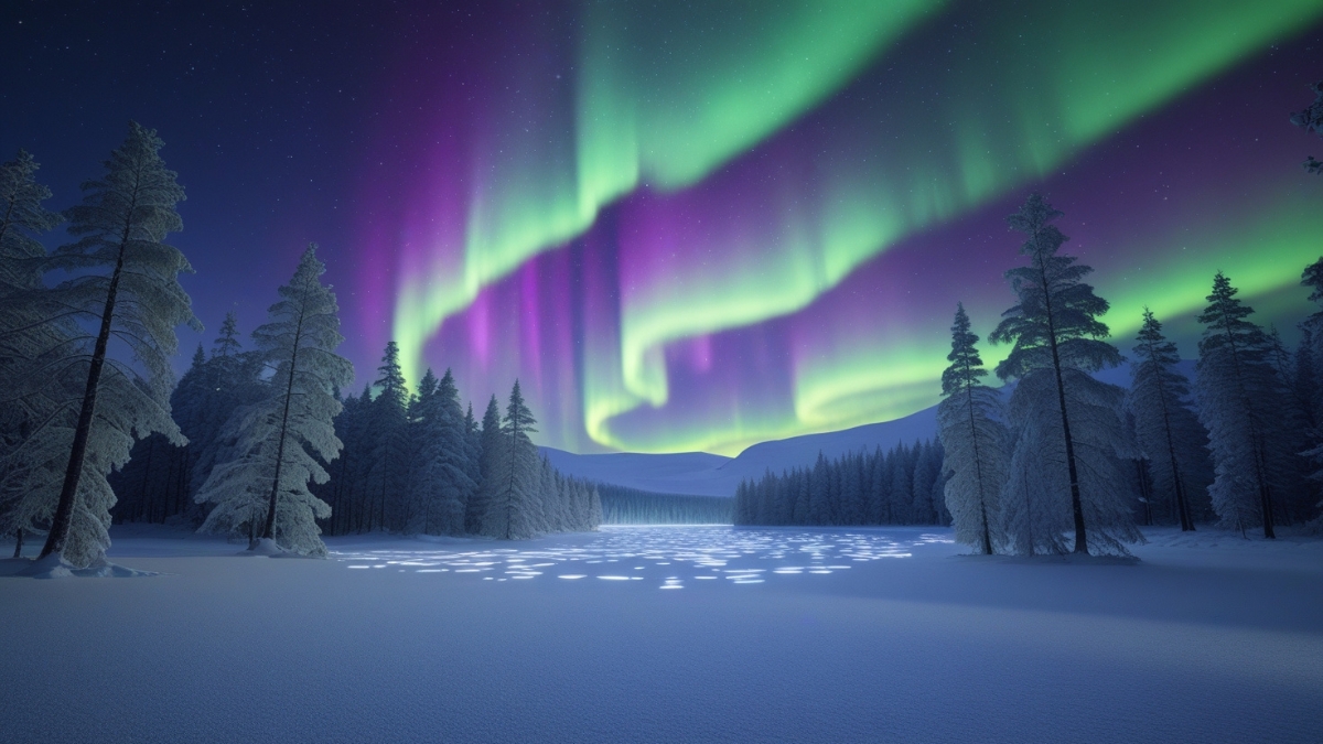 A breathtaking view of the northern lights over a snow-covered forest and frozen lake at night.