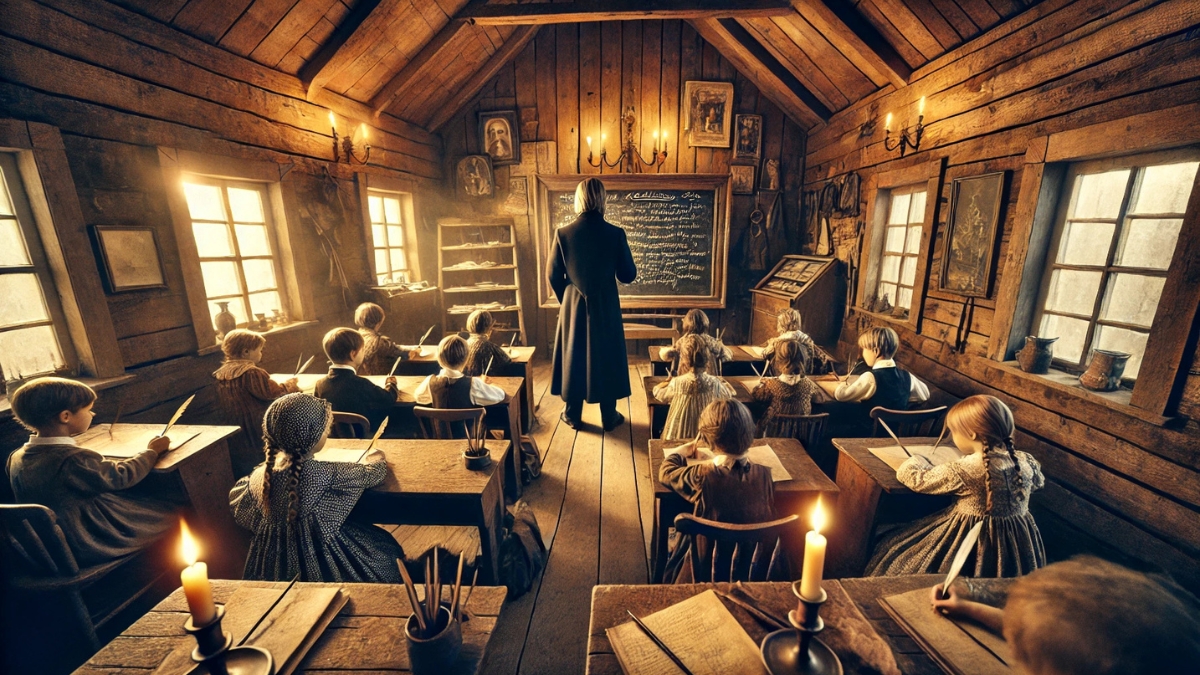 A vintage wooden schoolhouse with children writing with quill pens at wooden desks, illuminated by candlelight.