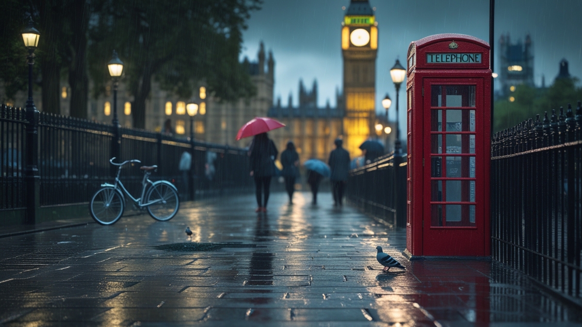 Red phone booth in rainy London with Big Ben, pedestrians under umbrellas, and a bicycle on a wet street