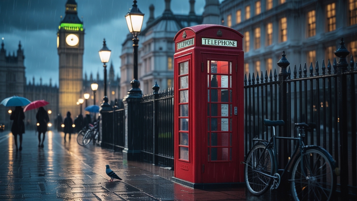 Red phone booth with bicycle on rainy London street near Big Ben with pedestrians under umbrellas