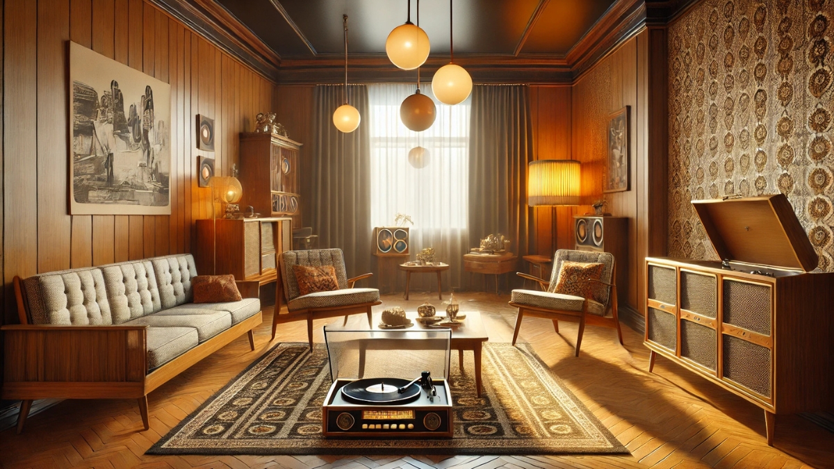 A nostalgic 1960s living room with wooden furniture, a record player, and warm ambient lighting.