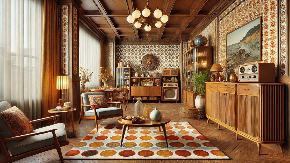 A cozy retro living room with vintage furniture, earthy tones, and nostalgic 70s decor.
