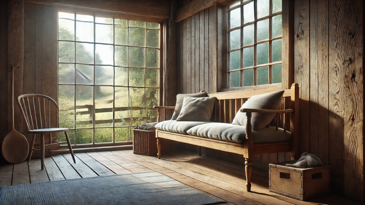 A wooden bench with soft cushions by a large window in a rustic countryside home with warm natural light.