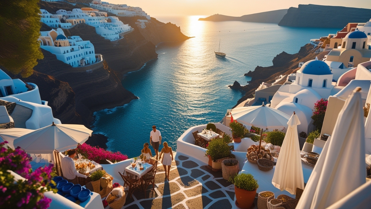People dining on white terraces in Santorini with blue domes and a sailboat on the caldera at golden sunset