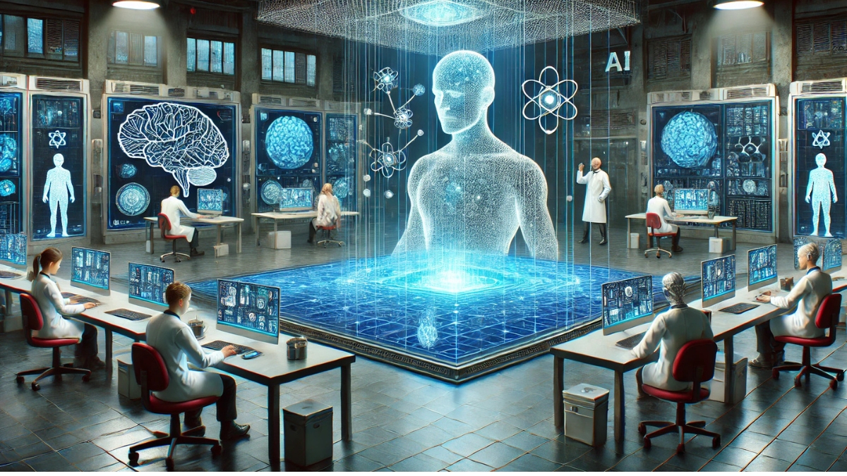 Researchers and scientists observe a glowing human hologram in an AI laboratory with digital brain simulations
