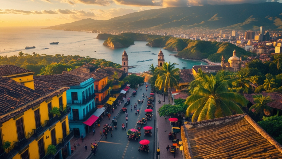 Colorful colonial street with carts, palm trees, twin towers, and a coastal bay at golden sunset