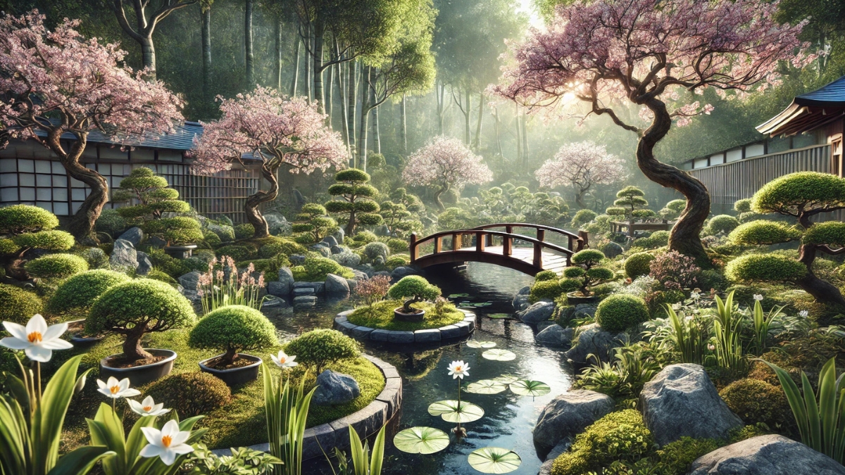 Tranquil Japanese garden with blooming cherry blossoms, bonsai trees, a peaceful pond, and a red wooden bridge.