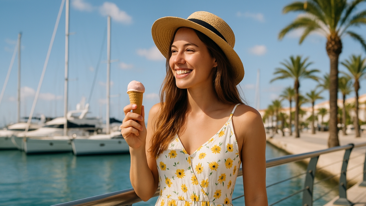 Woman in sunflower dress and straw hat holding ice cream cone by the marina on a sunny day