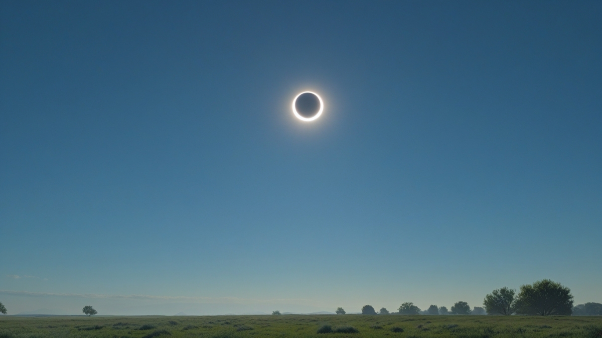 A total solar eclipse above a peaceful grassy meadow under a clear blue sky