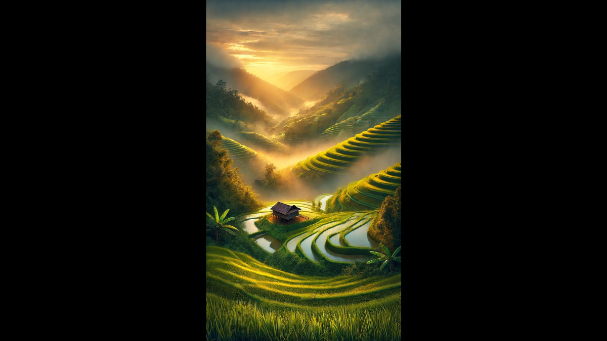 A serene rice terrace landscape at sunrise with misty mountains and golden light
