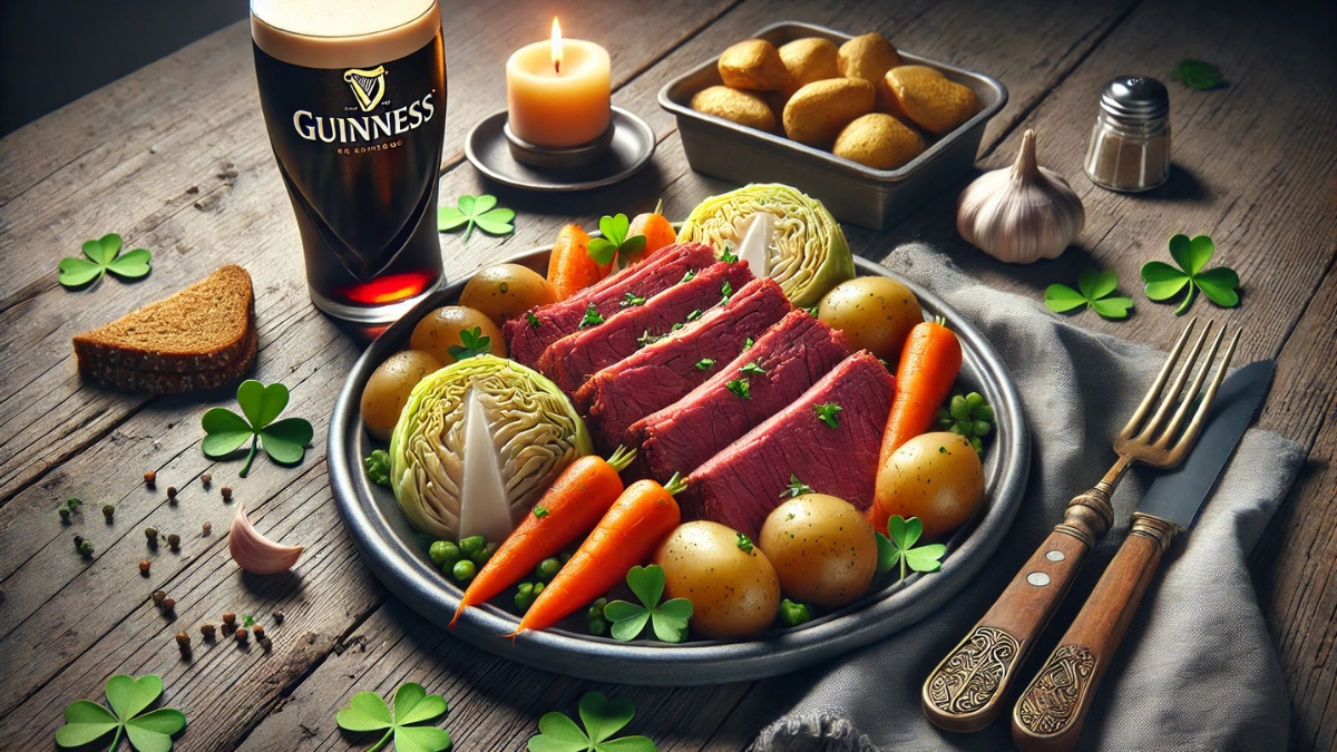 A beautifully plated traditional Irish corned beef and cabbage dish with carrots, potatoes, and a pint of Guinness on a rustic wooden table, decorated with shamrocks.