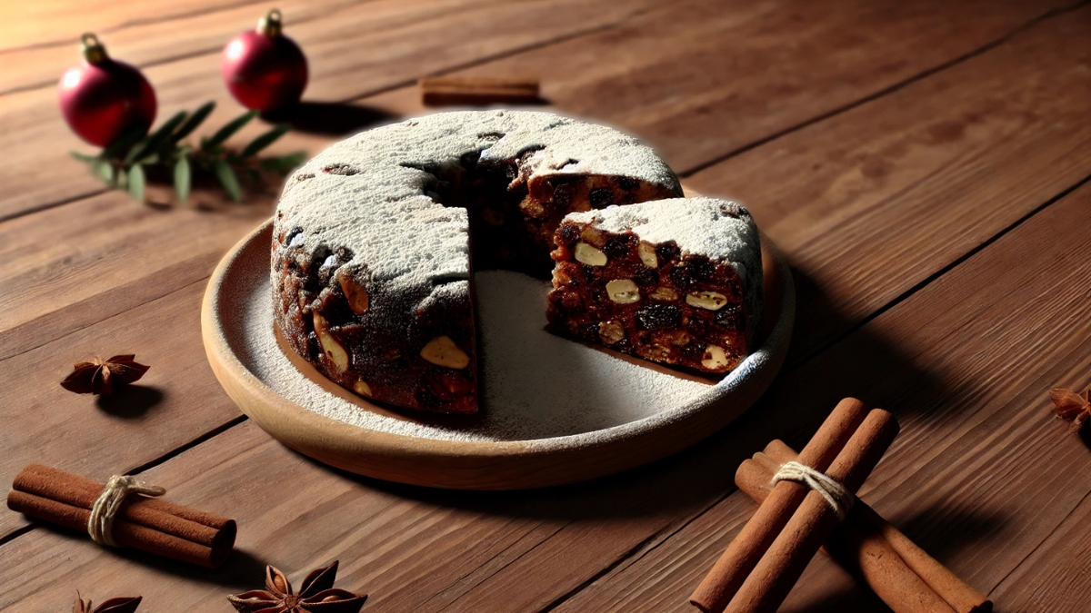Sliced Italian panforte cake dusted with powdered sugar on wooden plate with cinnamon and star anise