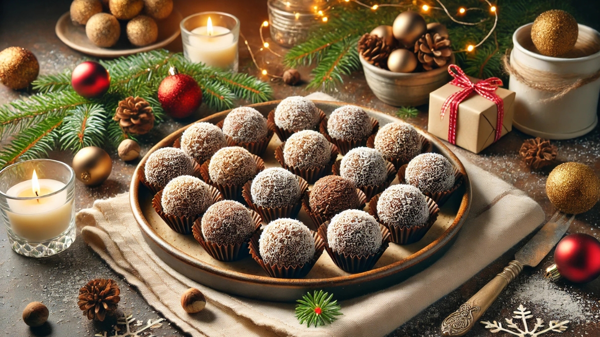 No-bake rum balls coated in coconut and sprinkles, served in paper cups on a ceramic plate with Christmas decor