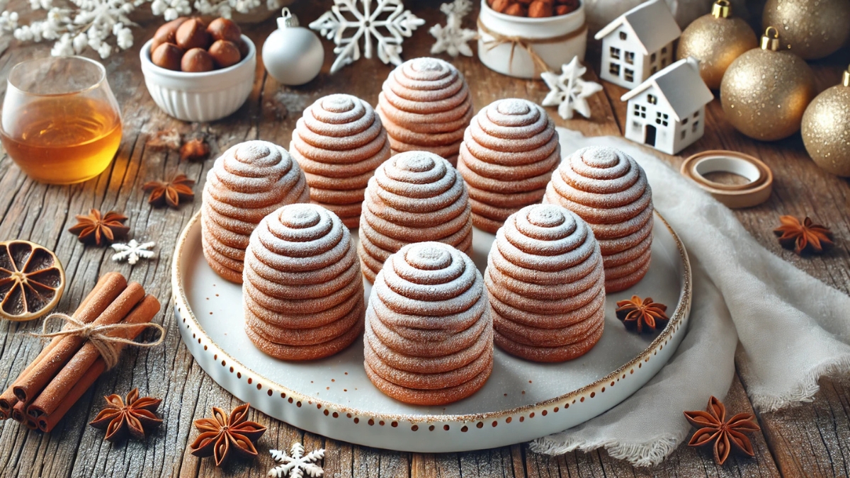 Beehive-shaped no-bake cookies dusted with powdered sugar, arranged on a festive holiday plate with Christmas decor