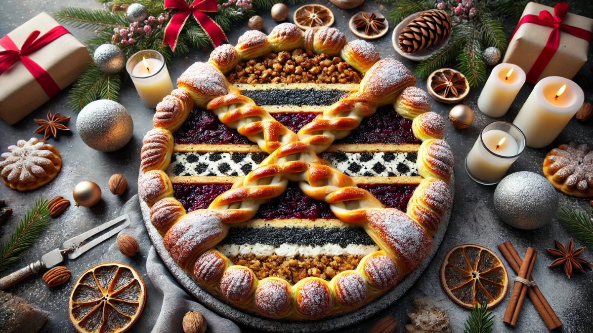 Layered Slovak Štedrák pastry with poppy seeds, nuts, and jam surrounded by Christmas candles and decor
