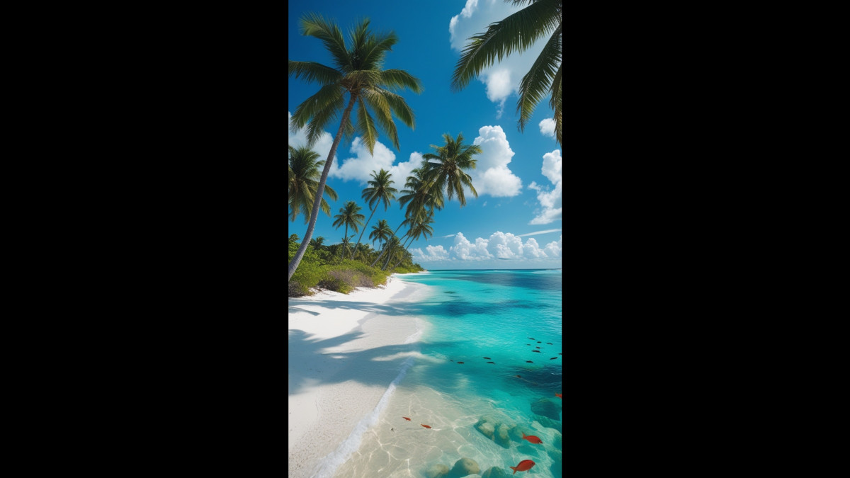 A serene tropical beach with palm trees, white sand, and turquoise waters