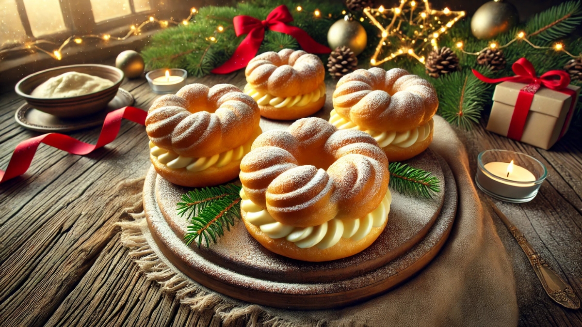 Golden vanilla choux rings filled with cream and dusted with sugar, served on a wooden tray with festive decorations