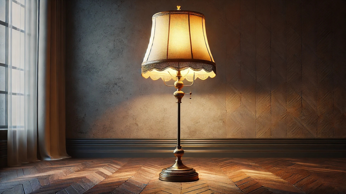 An antique-style floor lamp with a brass frame and fabric shade, casting a warm glow in a cozy vintage interior.