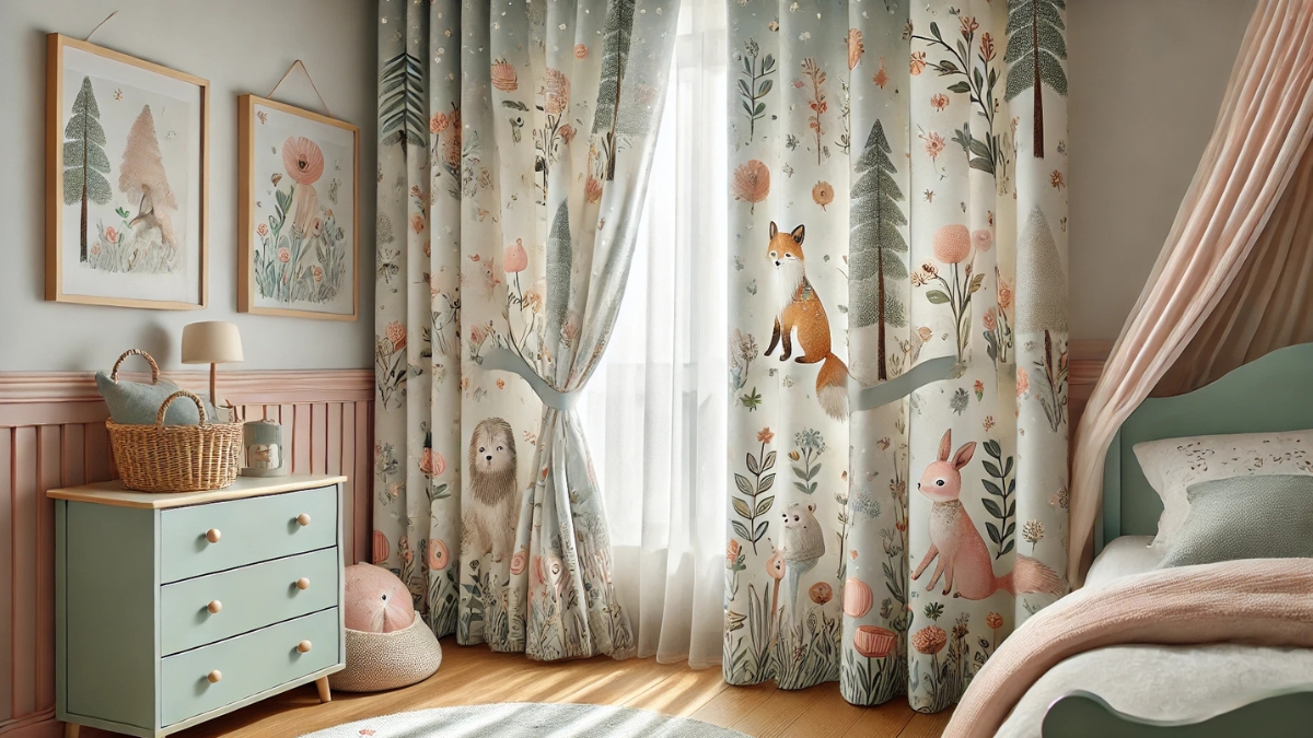 Soft pastel curtains with woodland animal illustrations in a cozy children's bedroom.