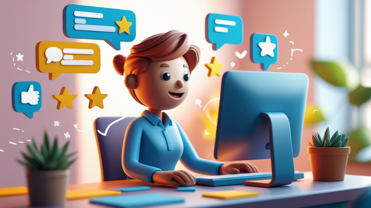 3D female character smiling at computer while reading positive reviews with stars and likes.