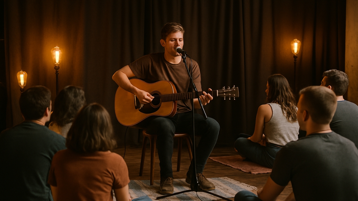 Man playing acoustic guitar and singing to a small seated audience in a warmly lit indoor room.