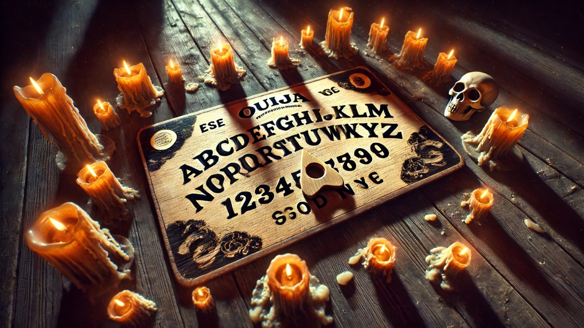 Na dřevěné podlaze obklopené roztavenými svíčkami a lebkou leží stará deska Ouija s plančetou.