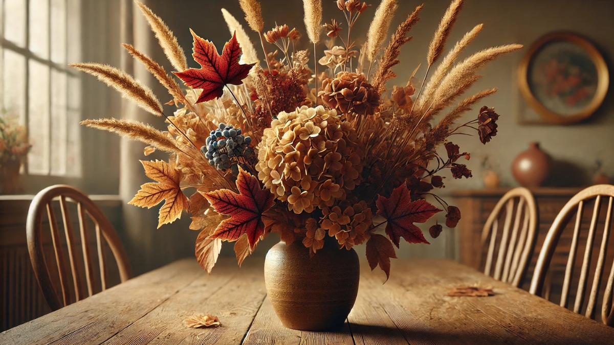 A rustic vase holds a bouquet of dried flowers, grasses, and fall leaves on a wooden table in warm autumn light.