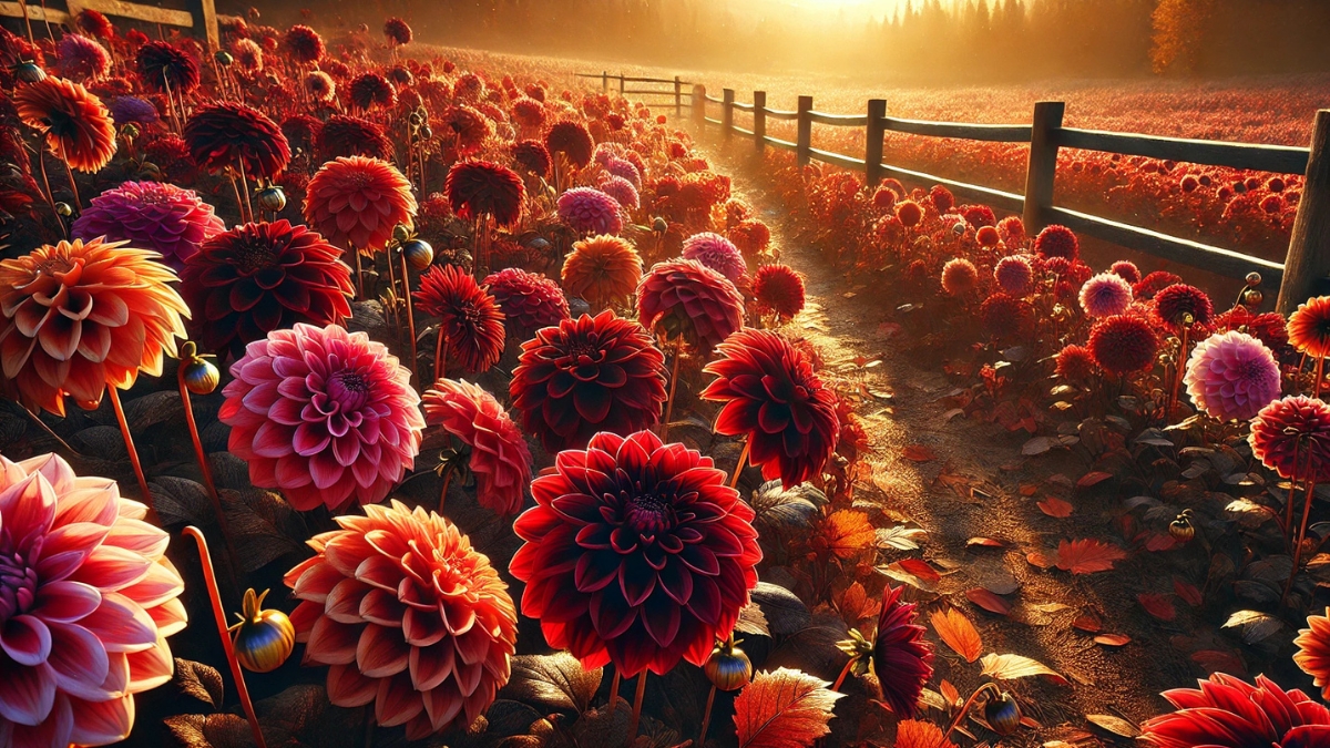 Vibrant red and orange dahlias blooming beside a rustic path in warm autumn sunset light