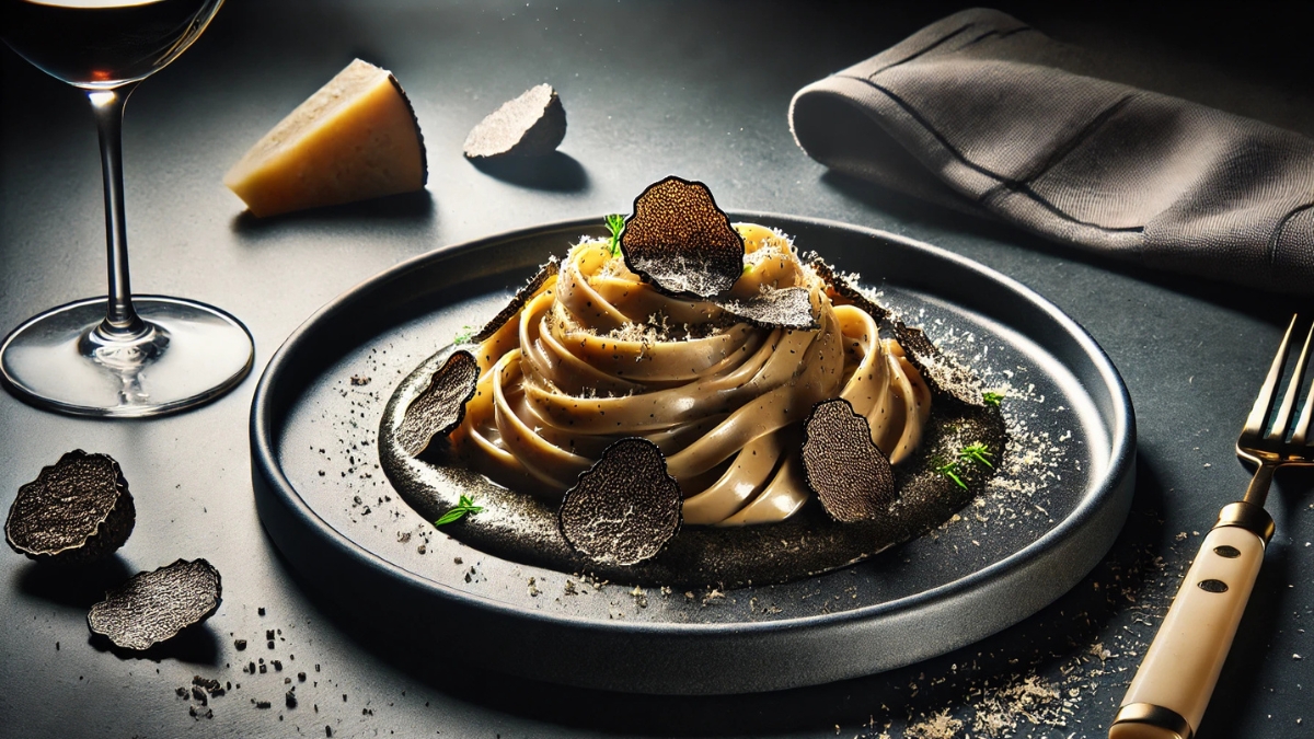 A plate of tagliatelle pasta topped with black truffle slices and Parmesan cheese on a dark table.