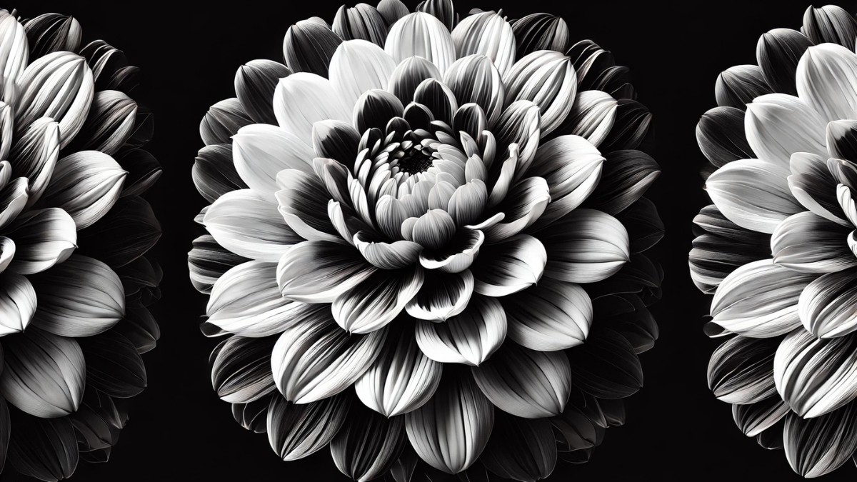 Detailed black and white petals form a symmetrical flower under dramatic lighting with high contrast and depth.