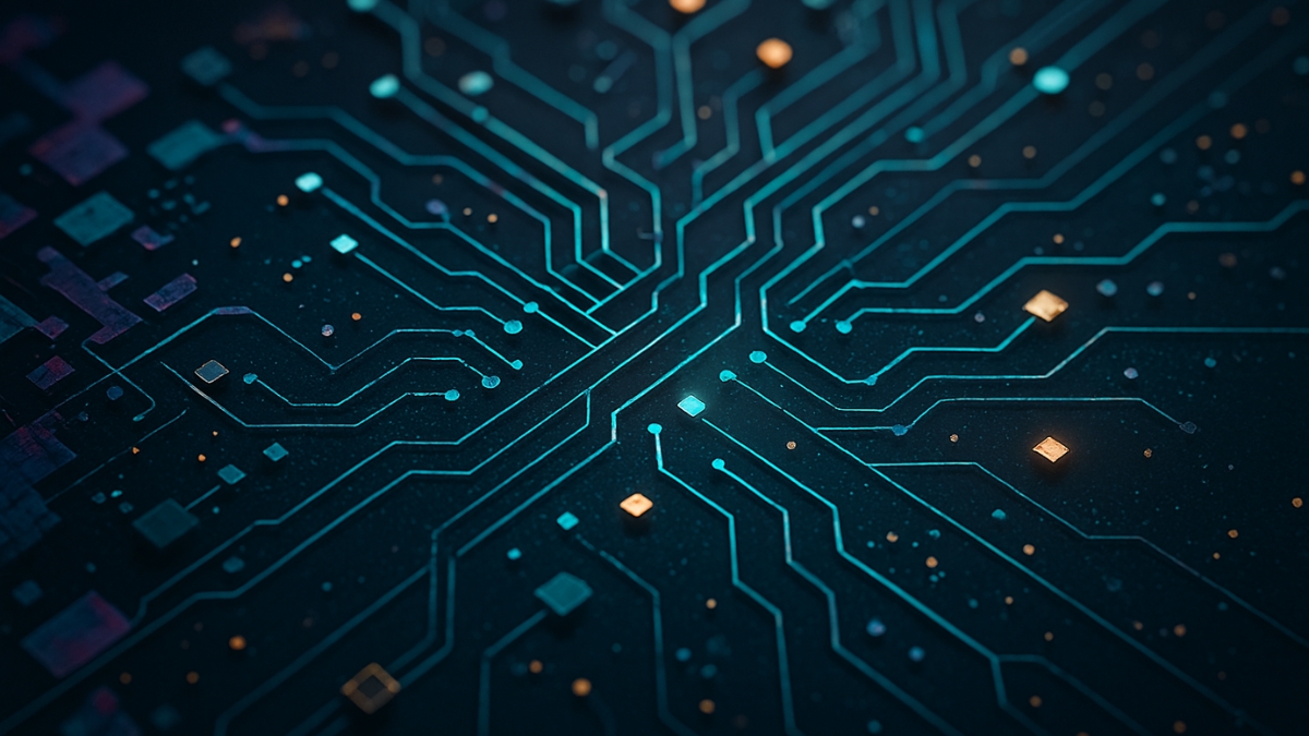 Intersecting blue circuit lines on a dark board with glowing nodes and small square components.
