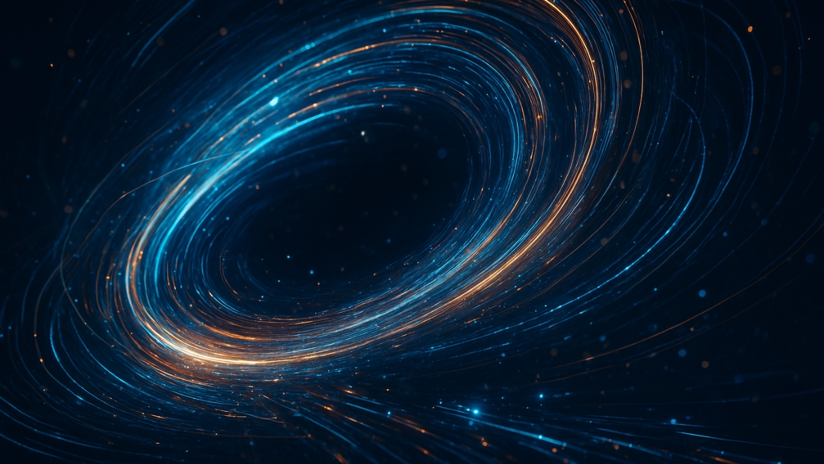 A swirling vortex of blue and orange glowing light trails on a dark background.