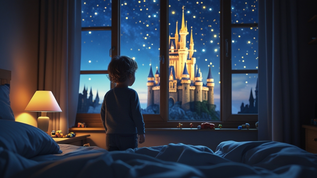 A young boy in pajamas looks out his bedroom window at a glowing castle under a star-filled night sky.