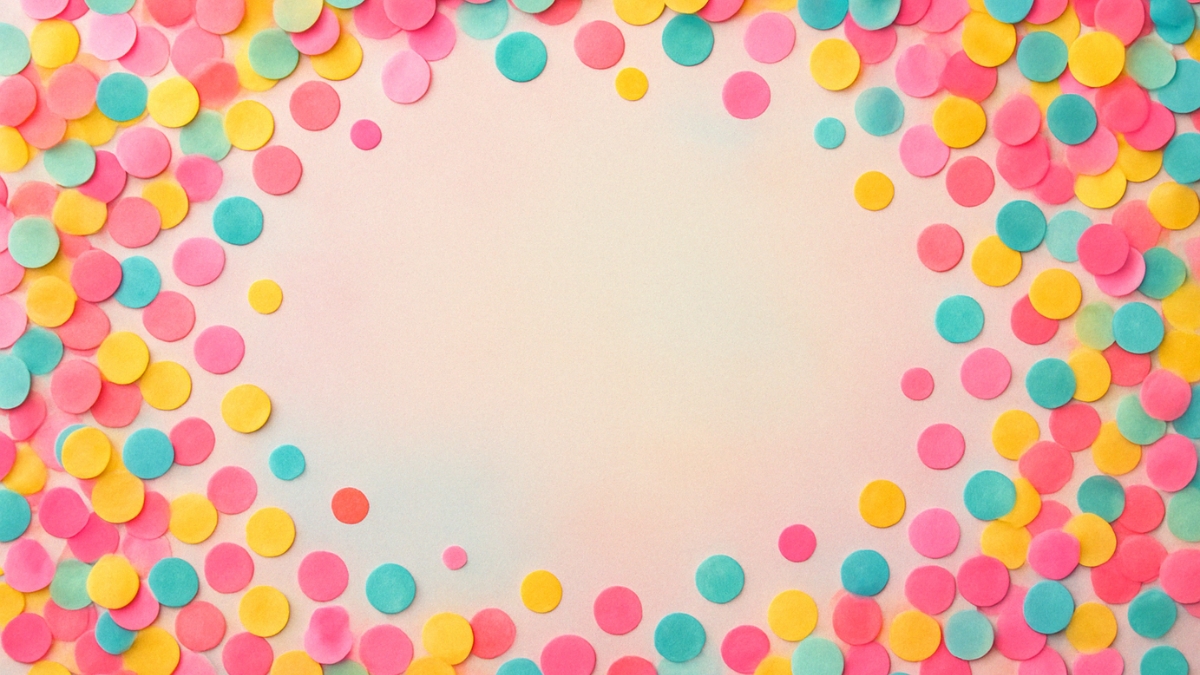 Pink, yellow, and blue paper confetti scattered around a soft gradient background with space in the center.