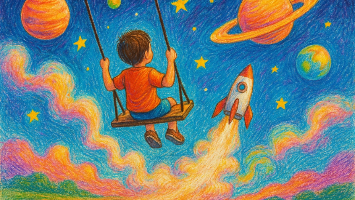 A boy on a swing floats in space surrounded by stars, planets, and a cartoon rocket blasting off nearby.