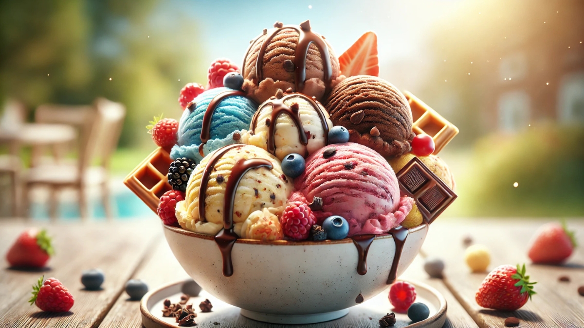 Bowl of vibrant ice cream scoops with berries, chocolate, and waffle pieces on a rustic outdoor table.