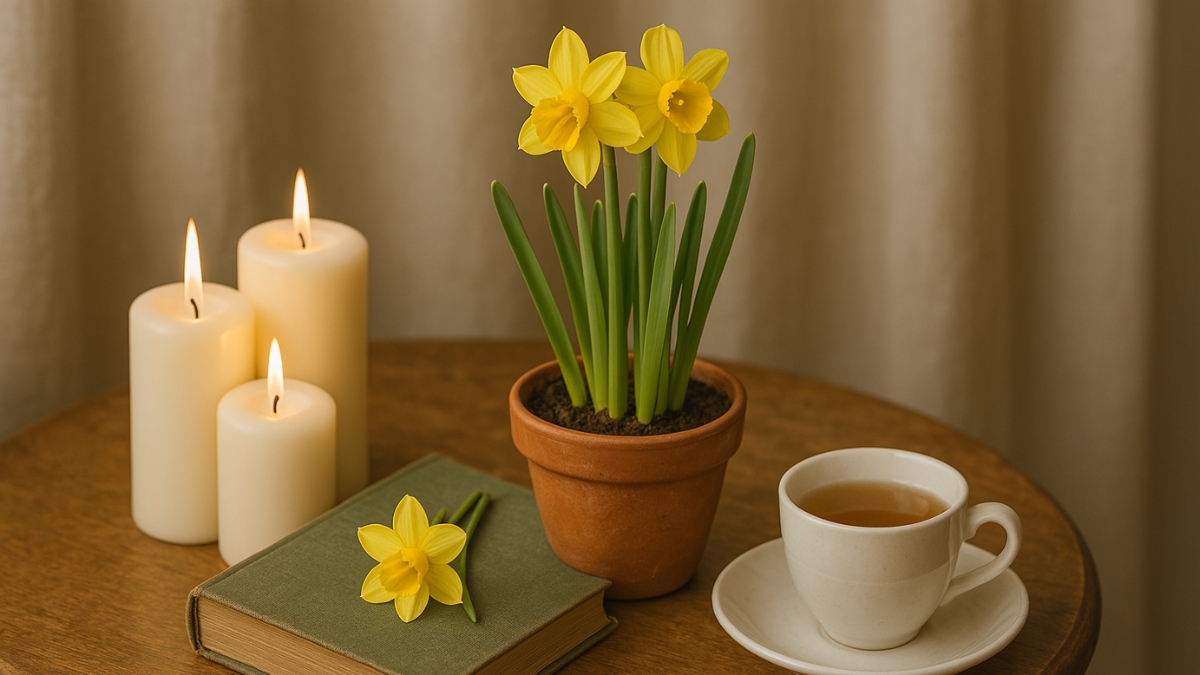 A warm table setting with daffodils in a pot, lit candles, a book with a flower, and a cup of tea.