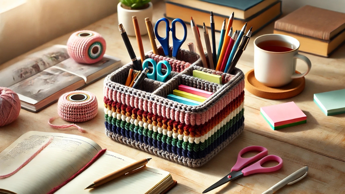 Handmade crocheted desk organizer filled with pens, scissors, sticky notes, and yarn on a wooden workspace.