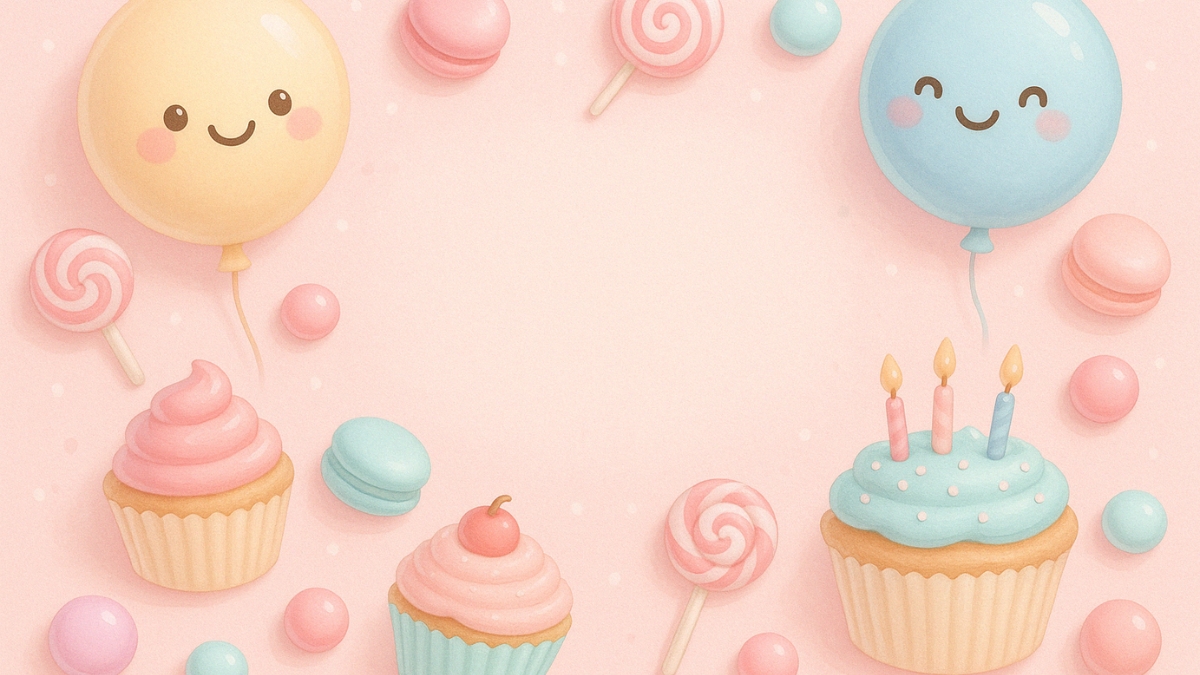 Smiling balloons, cupcakes, lollipops, and macarons on a soft pink background with pastel colors and candles lit on cake.