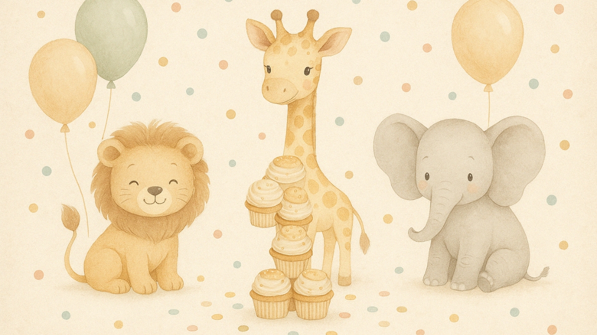 A lion, giraffe, and elephant with pastel balloons and cupcakes surrounded by scattered polka dots.