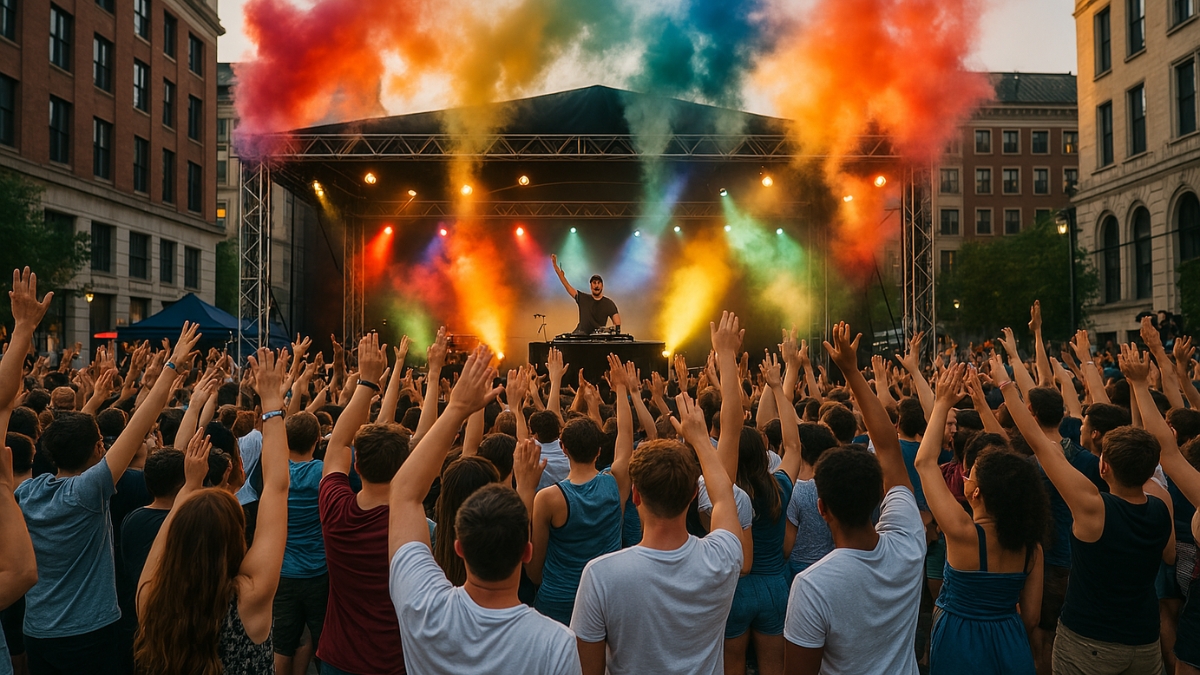 Crowd raising hands as a DJ performs on stage with colorful smoke and lights in a city square.