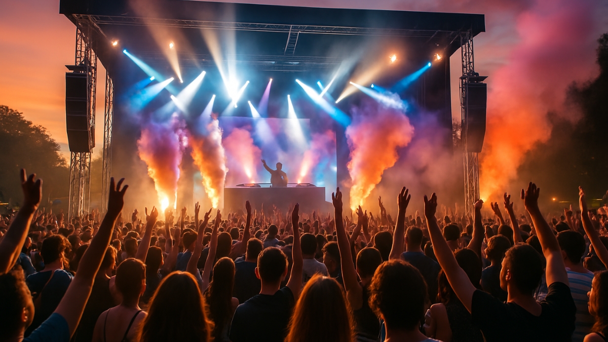 DJ performs on stage with smoke effects and lights as a crowd raises their hands during sunset at a music festival.