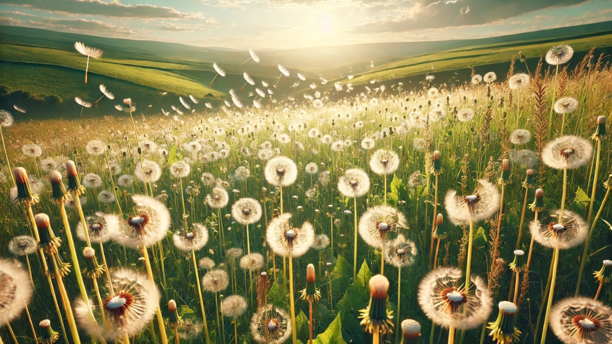 Field of dandelions with white seed heads blowing in the wind under a glowing summer sky