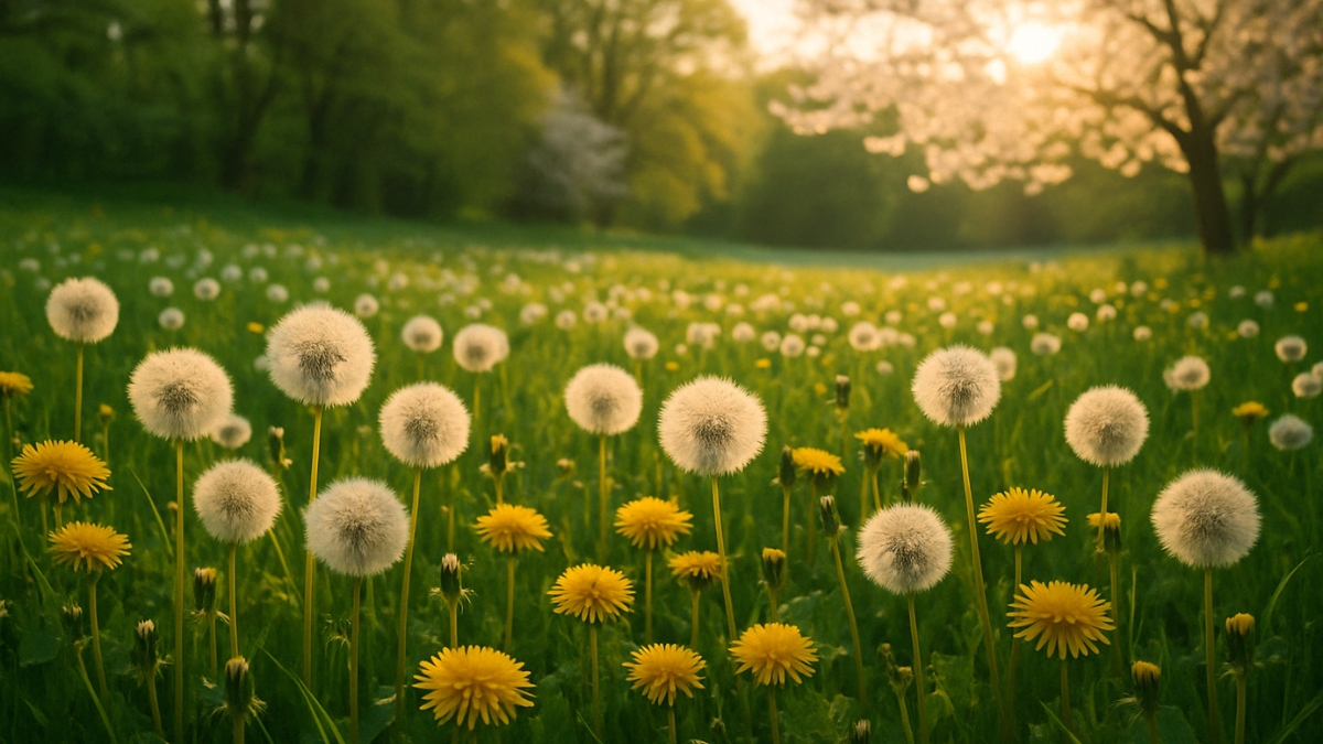 A field of dandelions in bloom and seed under soft evening light with blossoming trees in the background.