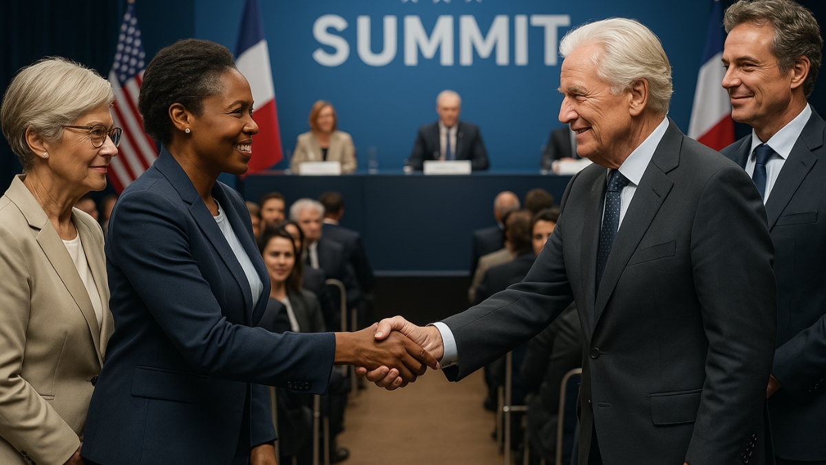 Two diplomats shake hands at a summit with flags and panelists in the background